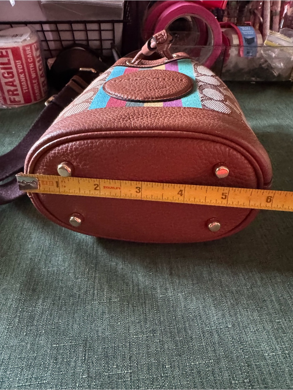 Coach Dempsey Signature Stripe Bucket Bag in Brown with Multicolor Stripe - Picture 14 of 15